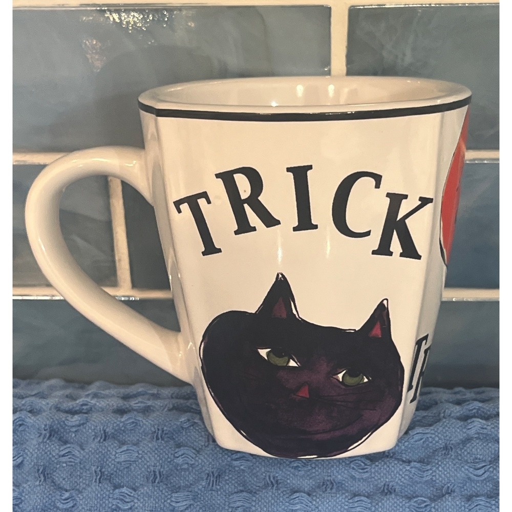 Halloween Trick Treat Boo Mug Cup ‎ Black Cat Pumpkin Ghost Rosanna R Table NEW!